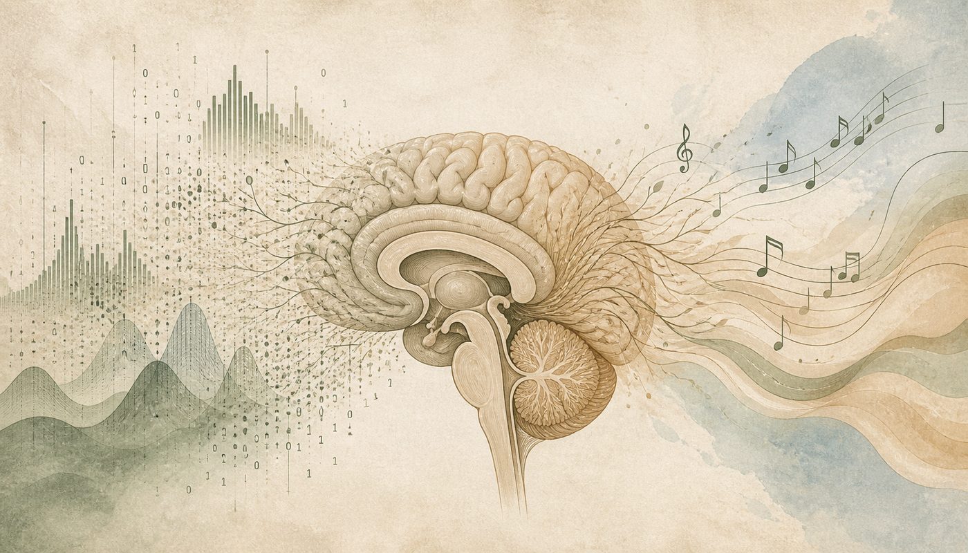 Brain neural pathways dissolving into sound waves and probability distributions