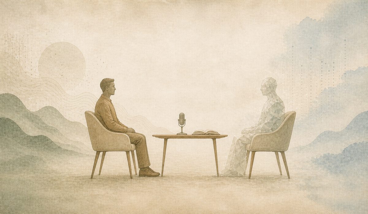 Two chairs across a table, human silhouette and ambiguous shimmering form, microphone and book between them