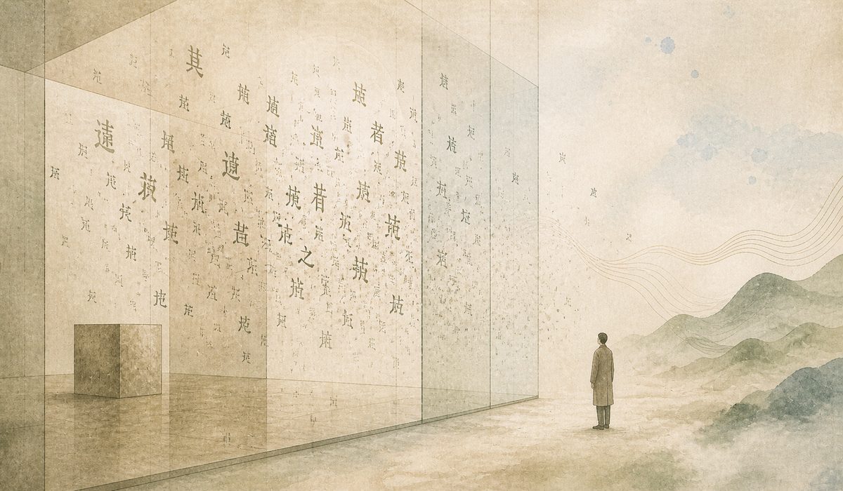 Translucent room with floating Chinese characters, figure watching from outside