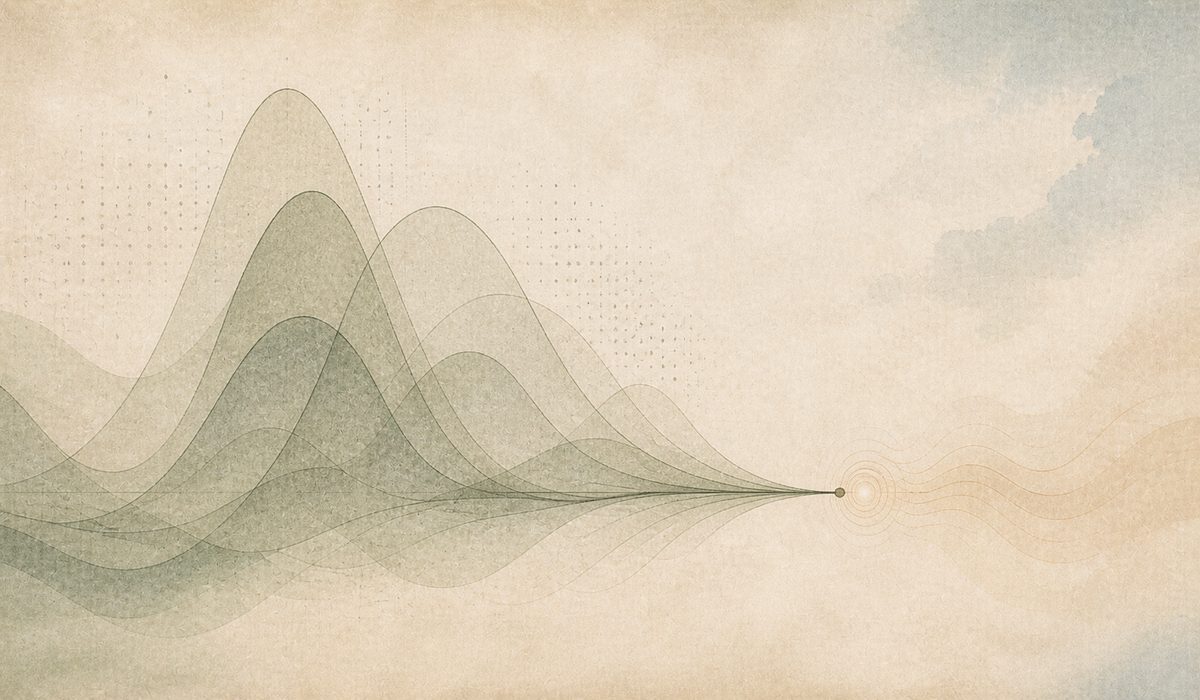 Probability wave curves collapsing from left to right into a single sharp point